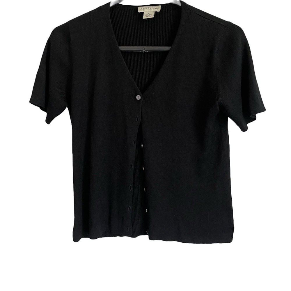 Ann Taylor Black Cropped Sleeve 100% Silk Cardigan